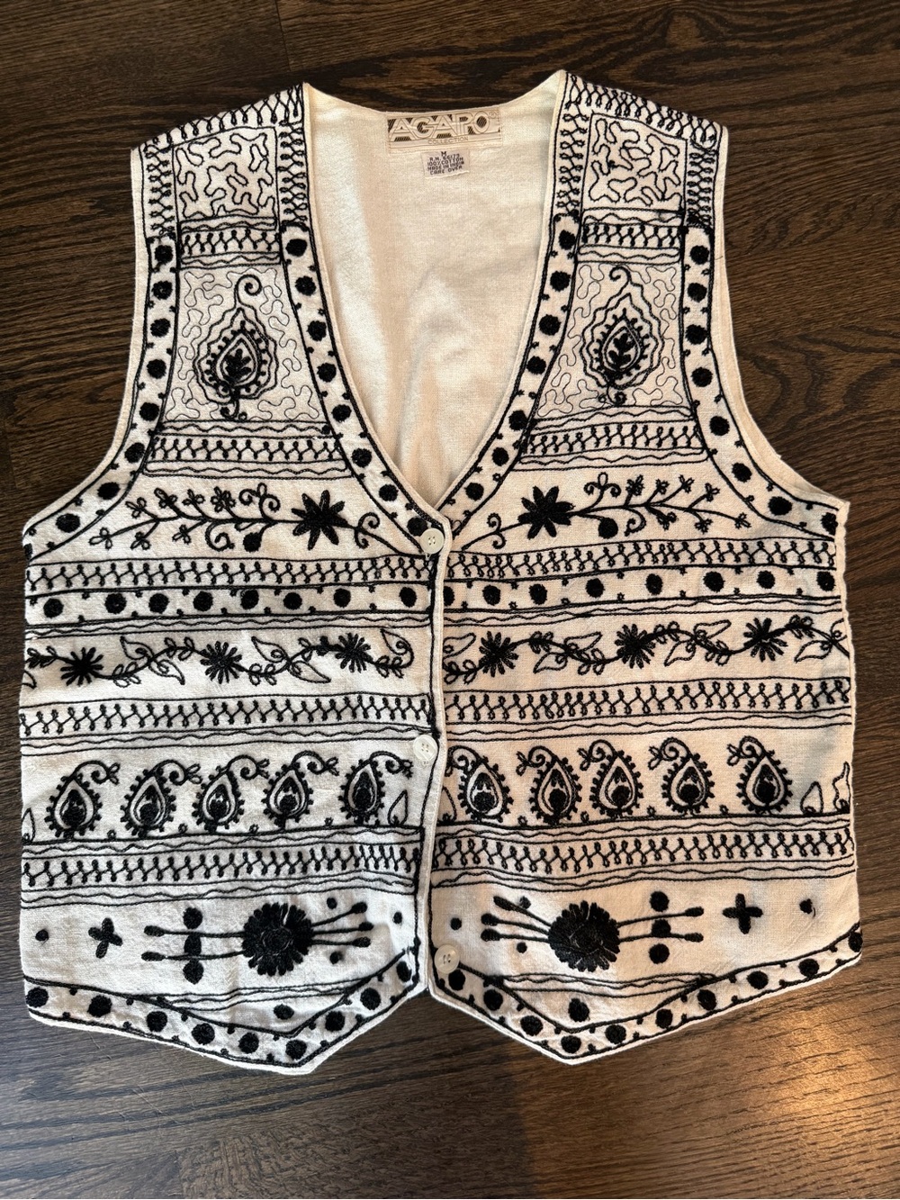 Vintage AGAPO Cotton Black & White Embroidered Vest Made in India